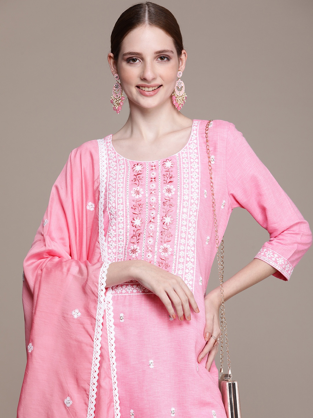 

Navibhu Women Ethnic Motifs Embroidered Sequinned Kurta with Trousers & With Dupatta, Pink