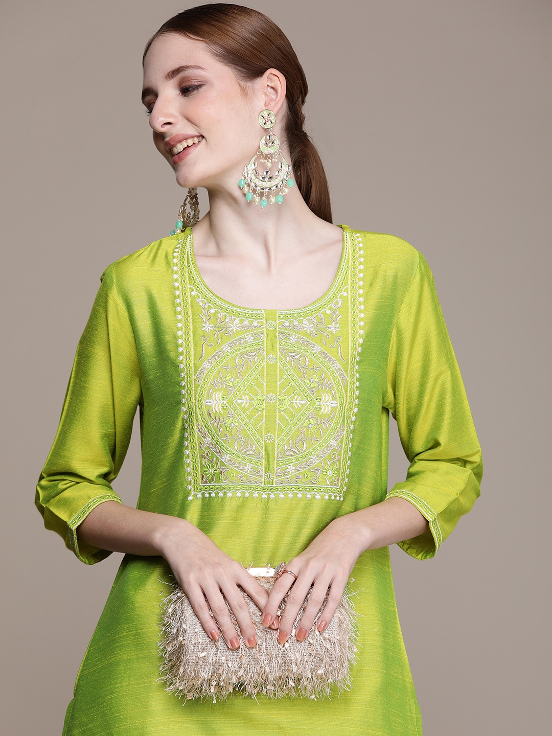 

Anouk Women Floral Embroidered Regular Kurta with Trousers, Lime green