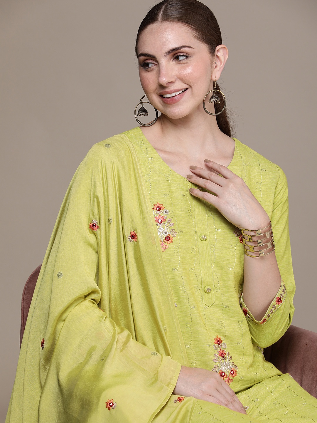 

Anouk Women Floral Embroidered Regular Mirror Work Kurta with Trousers & With Dupatta, Lime green