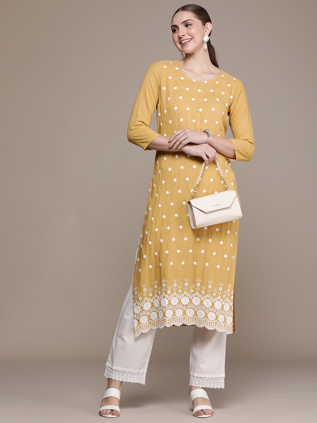 

Anouk Women Ethnic Motifs Embroidered Straight Kurta, Beige