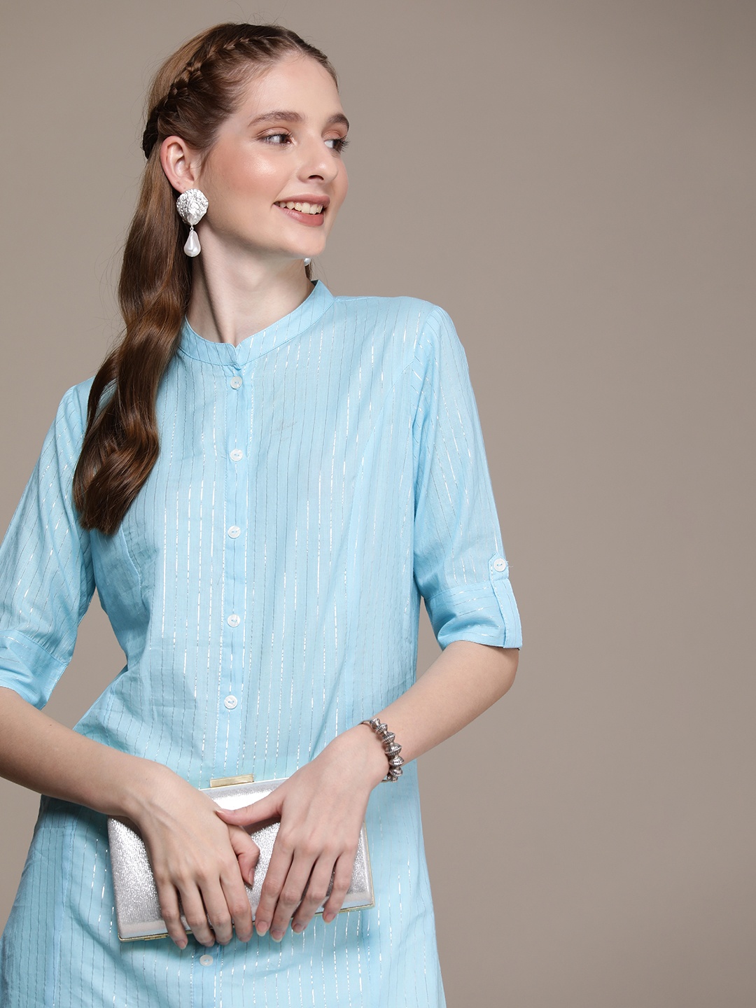 

Anouk Women Striped Straight Kurta, Turquoise blue