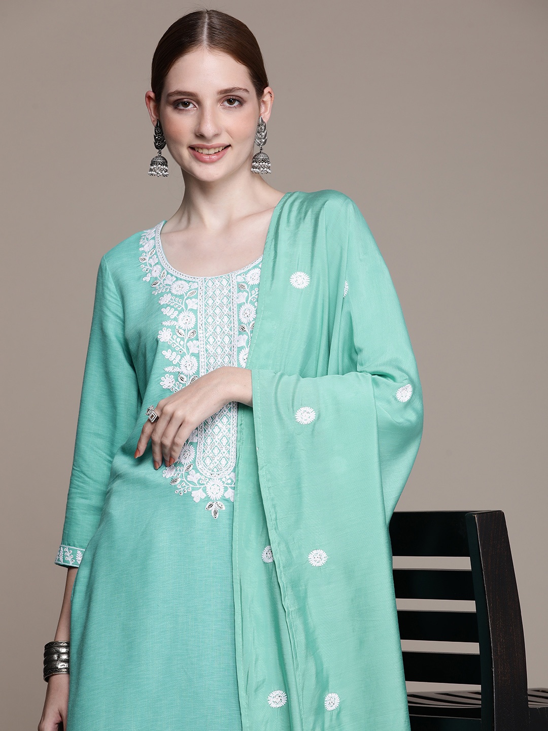 

Anouk Women Ethnic Motifs Embroidered Sequinned Kurta with Trousers & With Dupatta, Green
