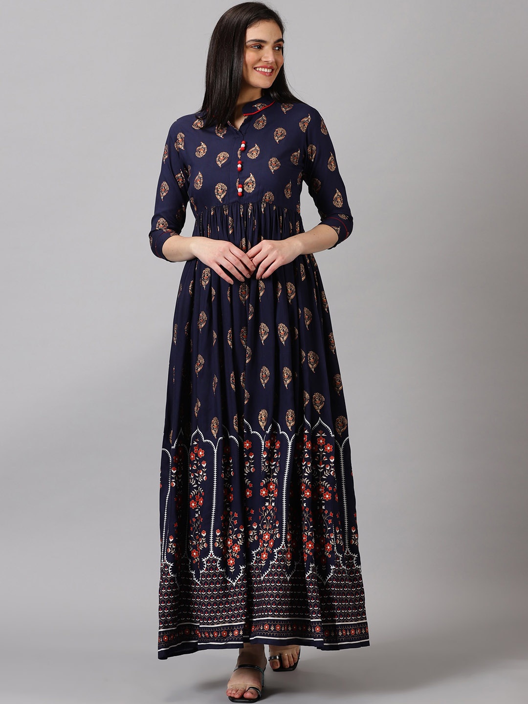 

DRESSAR Ethnic Motifs Printed Mandarin Collar Anarkali Floor Kurta, Navy blue