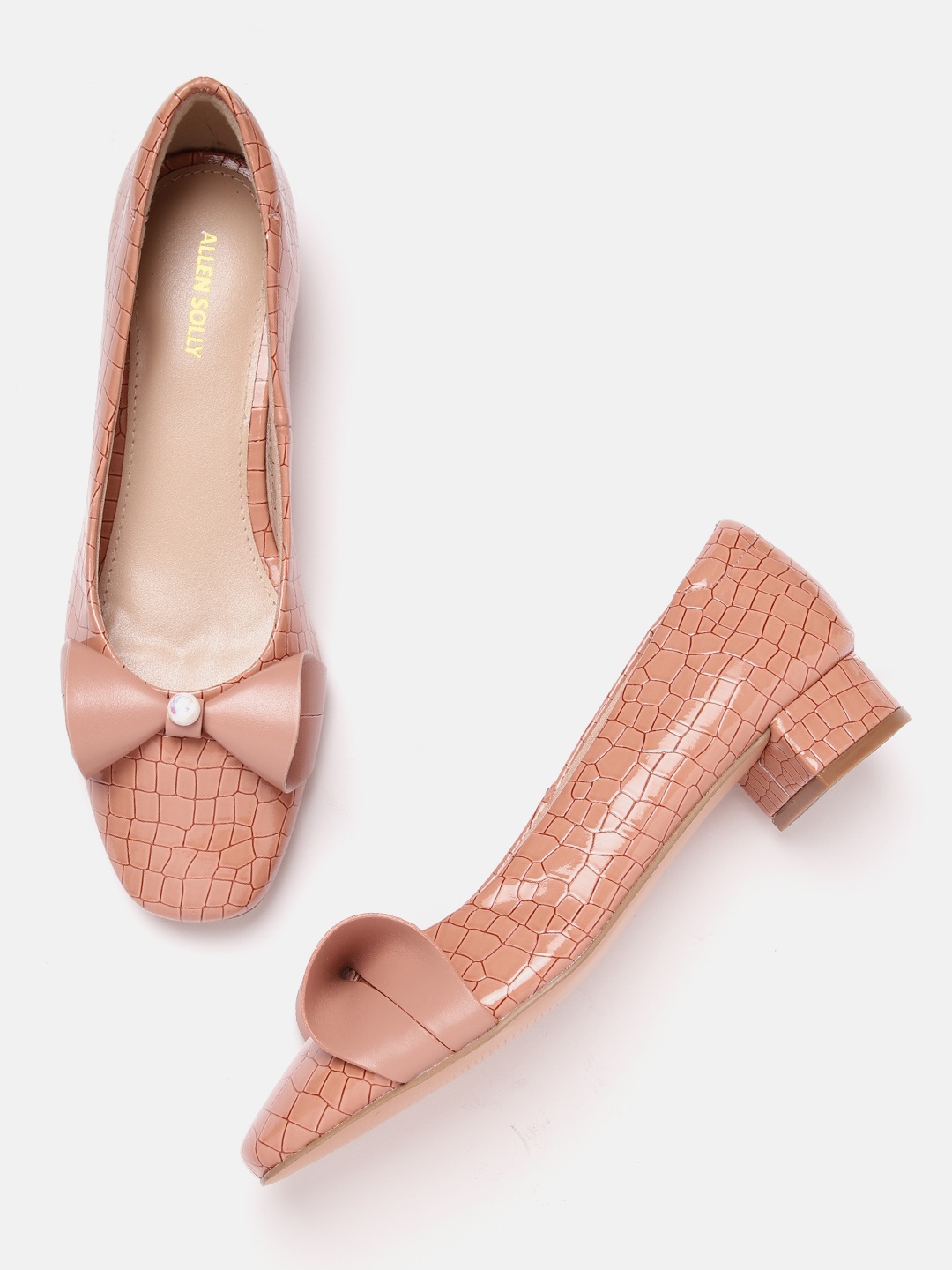 

Allen Solly Women Croc Textured Block Heel Pumps with Bow Detail, Peach