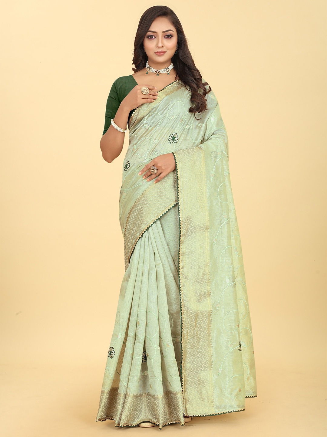 

BAESD Floral Embroidered Zari Saree, Sea green
