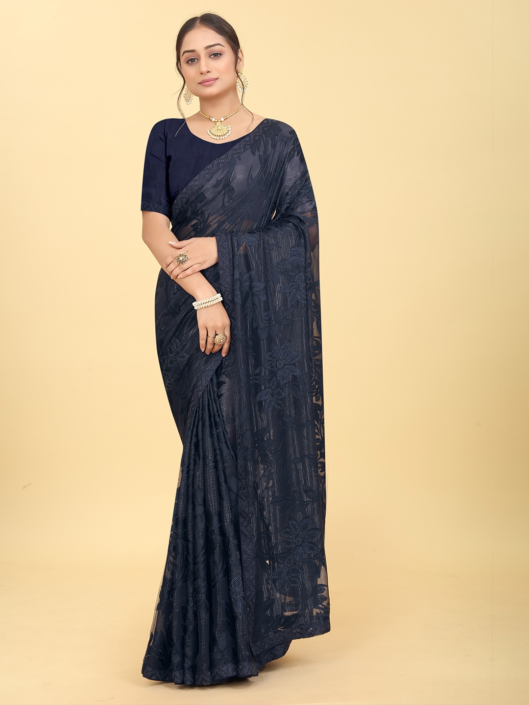 

BAESD Embellished Beads and Stones Satin Saree, Navy blue