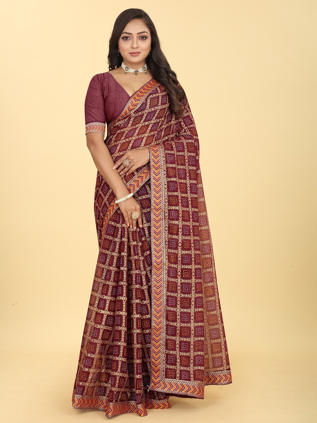

BAESD Bandhani Embroidered Poly Chiffon Bandhani Saree, Purple