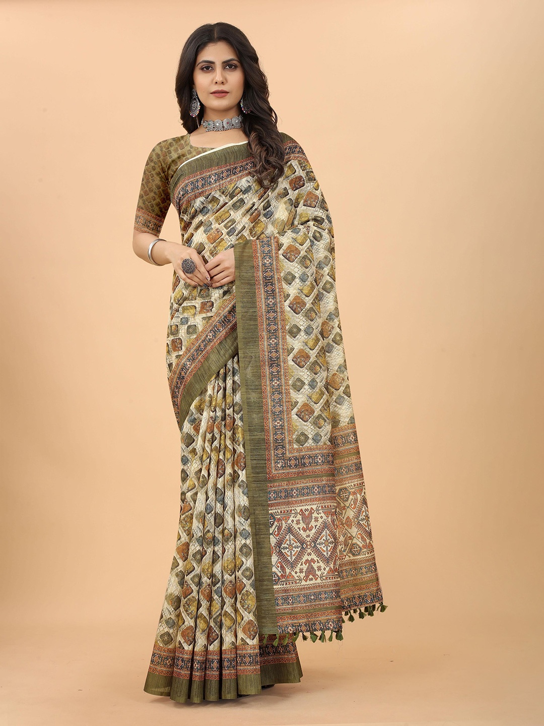 

BAESD Geometric Printed Linen Blend Saree, Beige