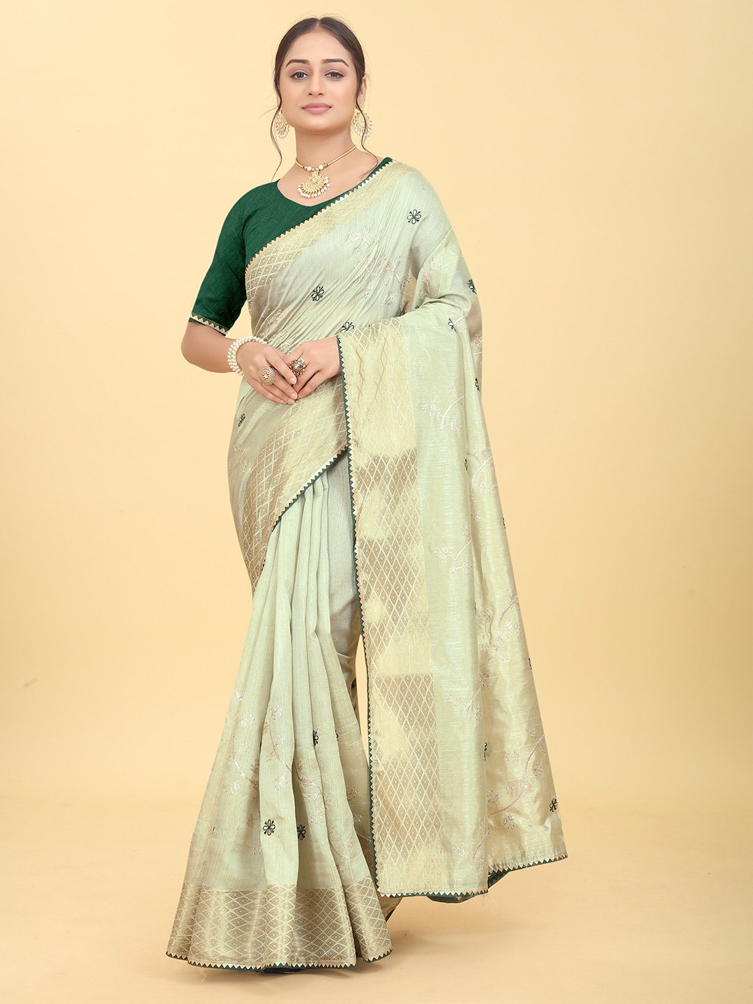 

BAESD Ethnic Motifs Embroidered Zari Saree, Sea green