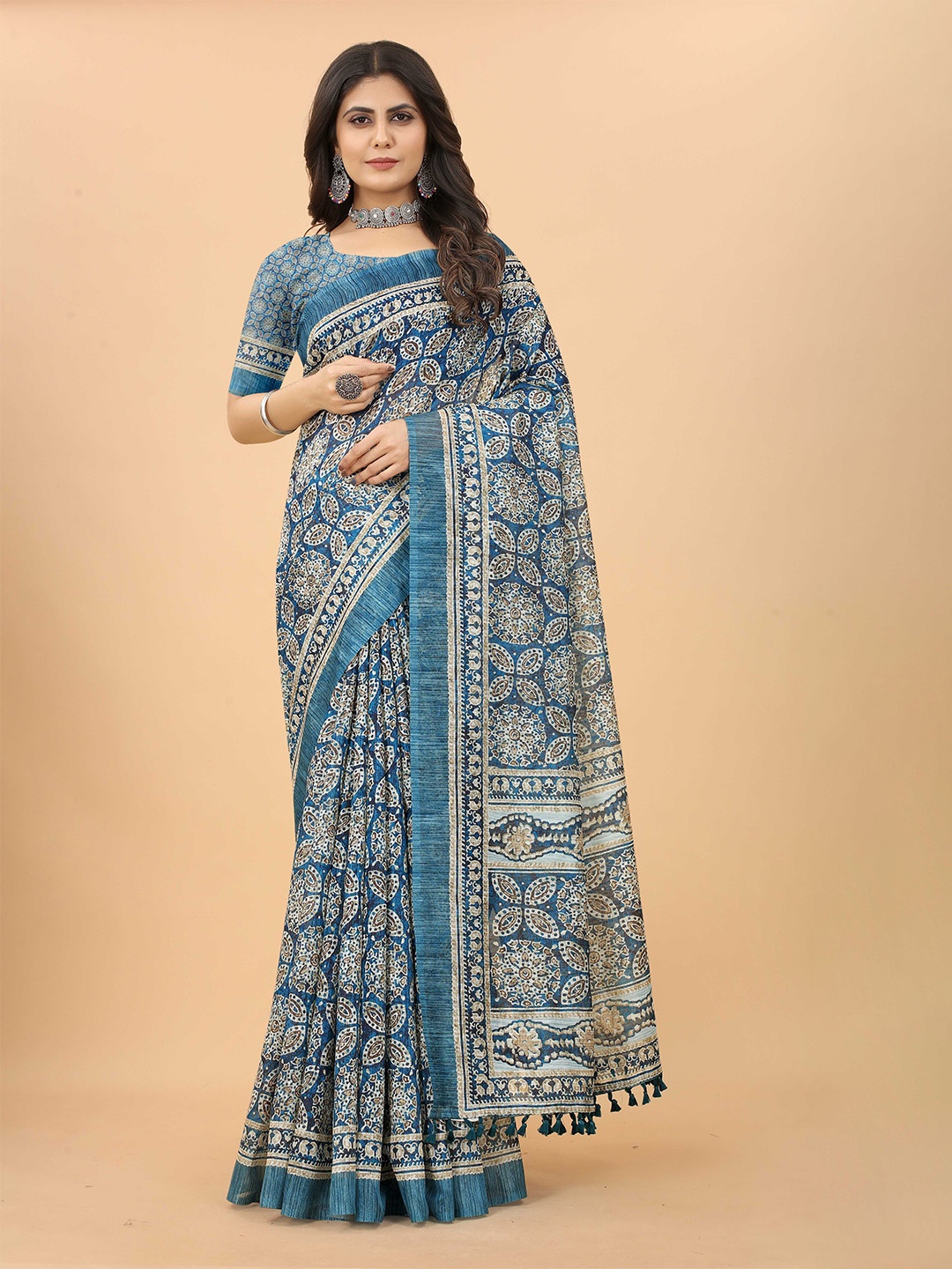 

BAESD Kalamkari Printed Linen Cotton Saree, Blue