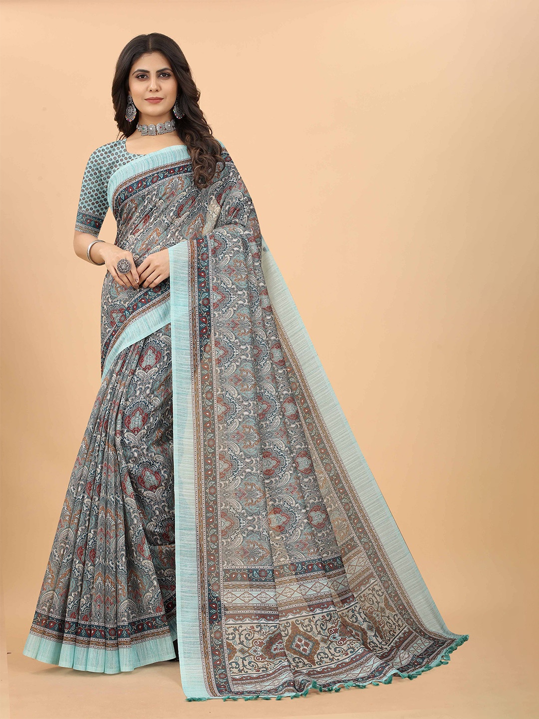 

BAESD Kalamkari Printed Linen Blend Saree, Blue