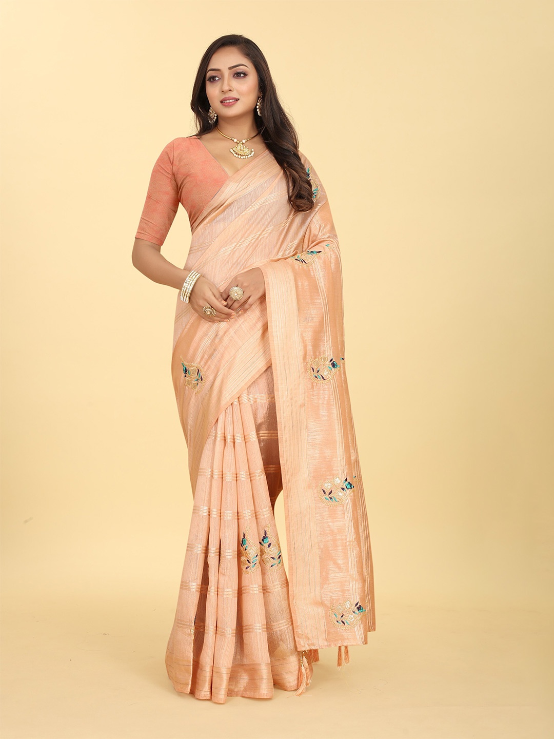 

BAESD Ethnic Motifs Embroidered Silk Cotton Saree, Peach