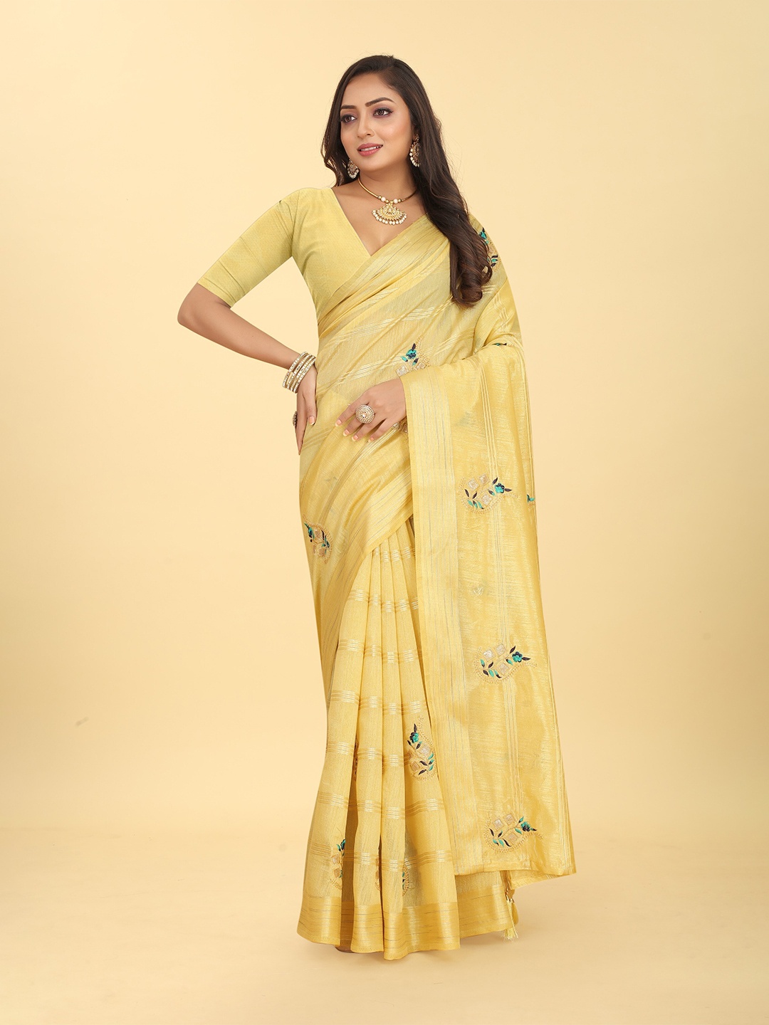 

BAESD Ethnic Motifs Embroidered Silk Cotton Saree, Yellow