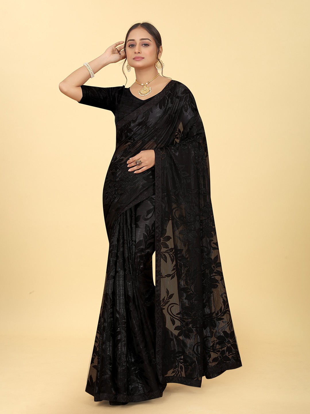 

BAESD Floral Embellished Satin Saree, Black