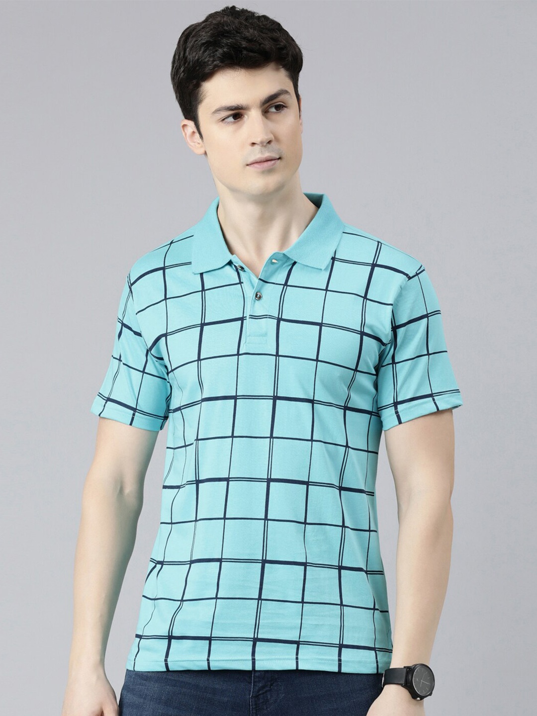 

Kryptic Checked Polo Collar Pure Cotton T-shirt, Blue