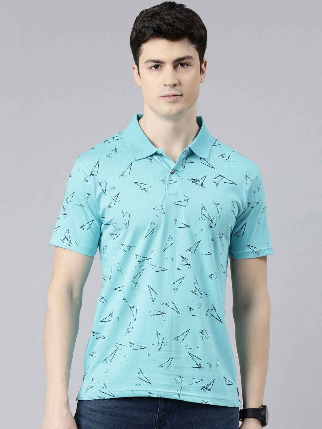 

Kryptic Geometric Printed Polo Collar Cotton T-shirt, Blue