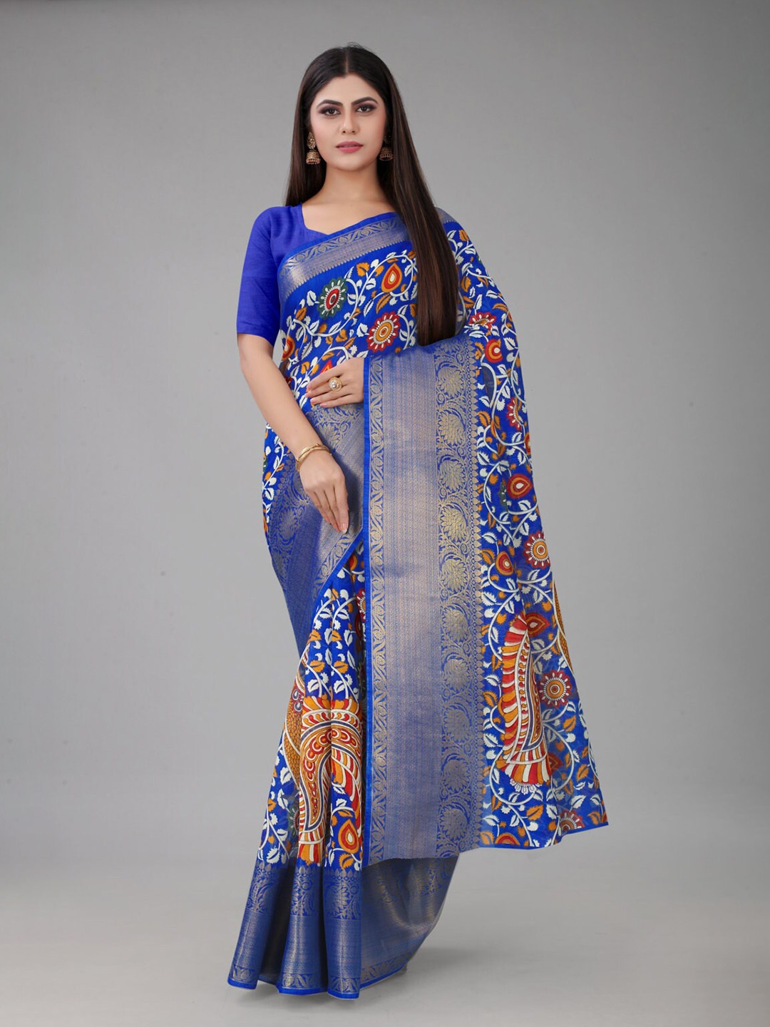 

nirja Fab Blue & Gold-Toned Floral Printed Chanderi Saree