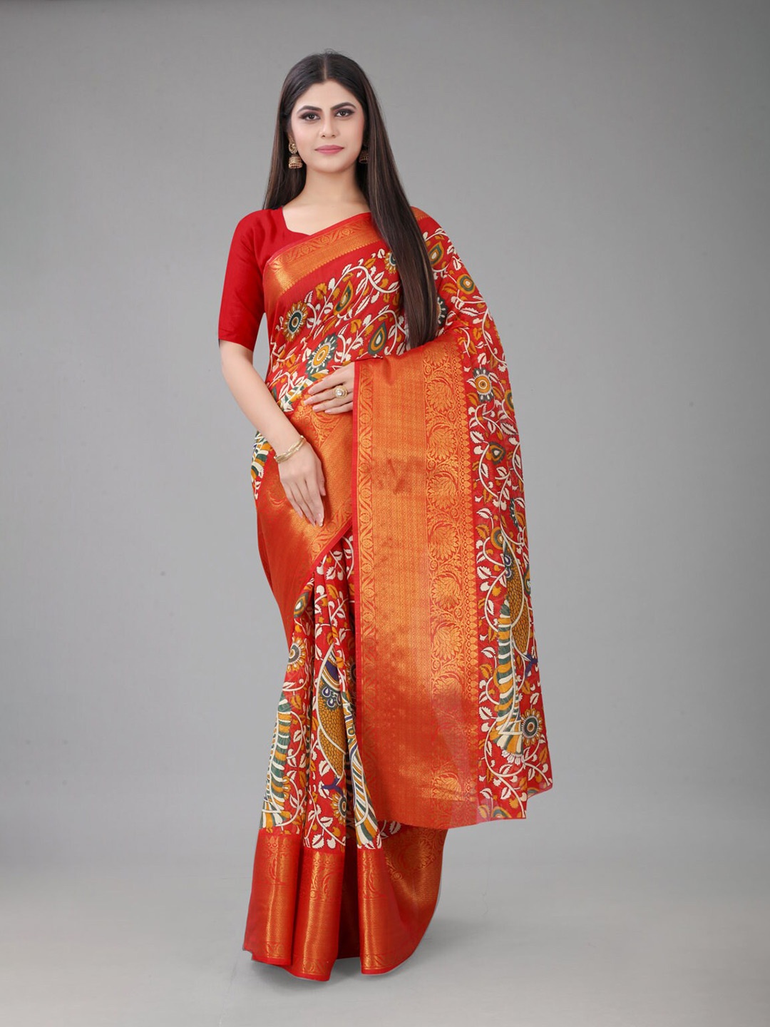 

nirja Fab Floral Printed Zari Chanderi Saree, Red