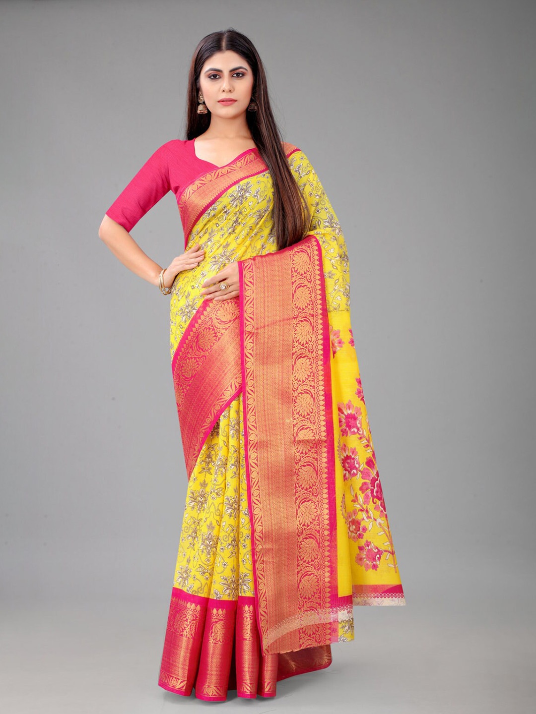 

nirja Fab Floral Printed Zari Chanderi Saree, Yellow