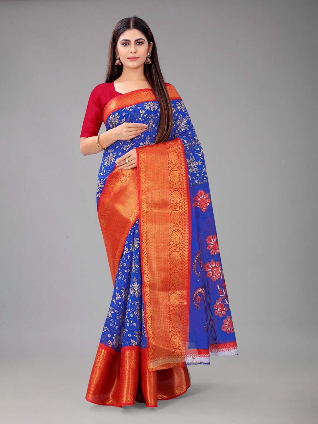

nirja Fab Ethnic Motifs Printed Zari Silk Blend Chanderi Saree, Blue