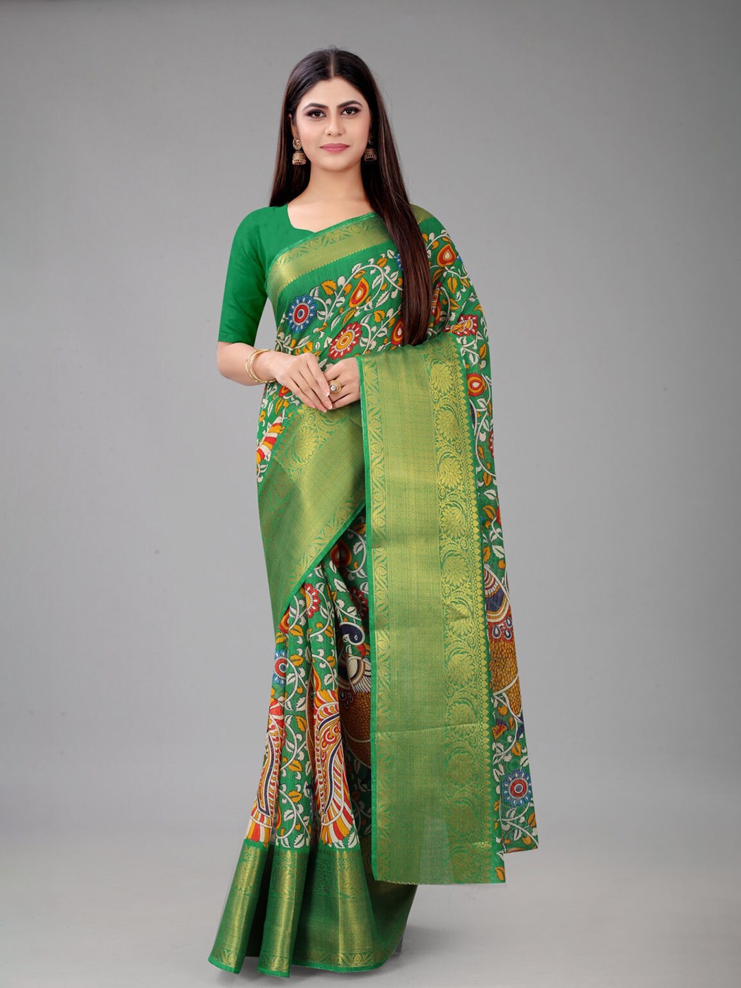 

nirja Fab Ethnic Motifs Printed Zari Silk Blend Chanderi Saree, Green