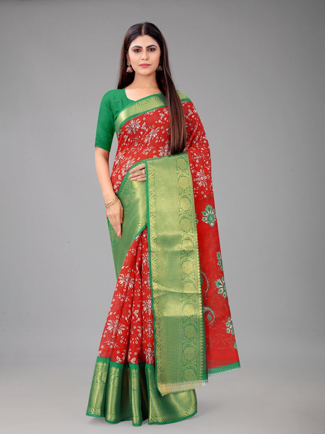 

nirja Fab Floral Printed Zari Silk Blend Chanderi Saree, Red