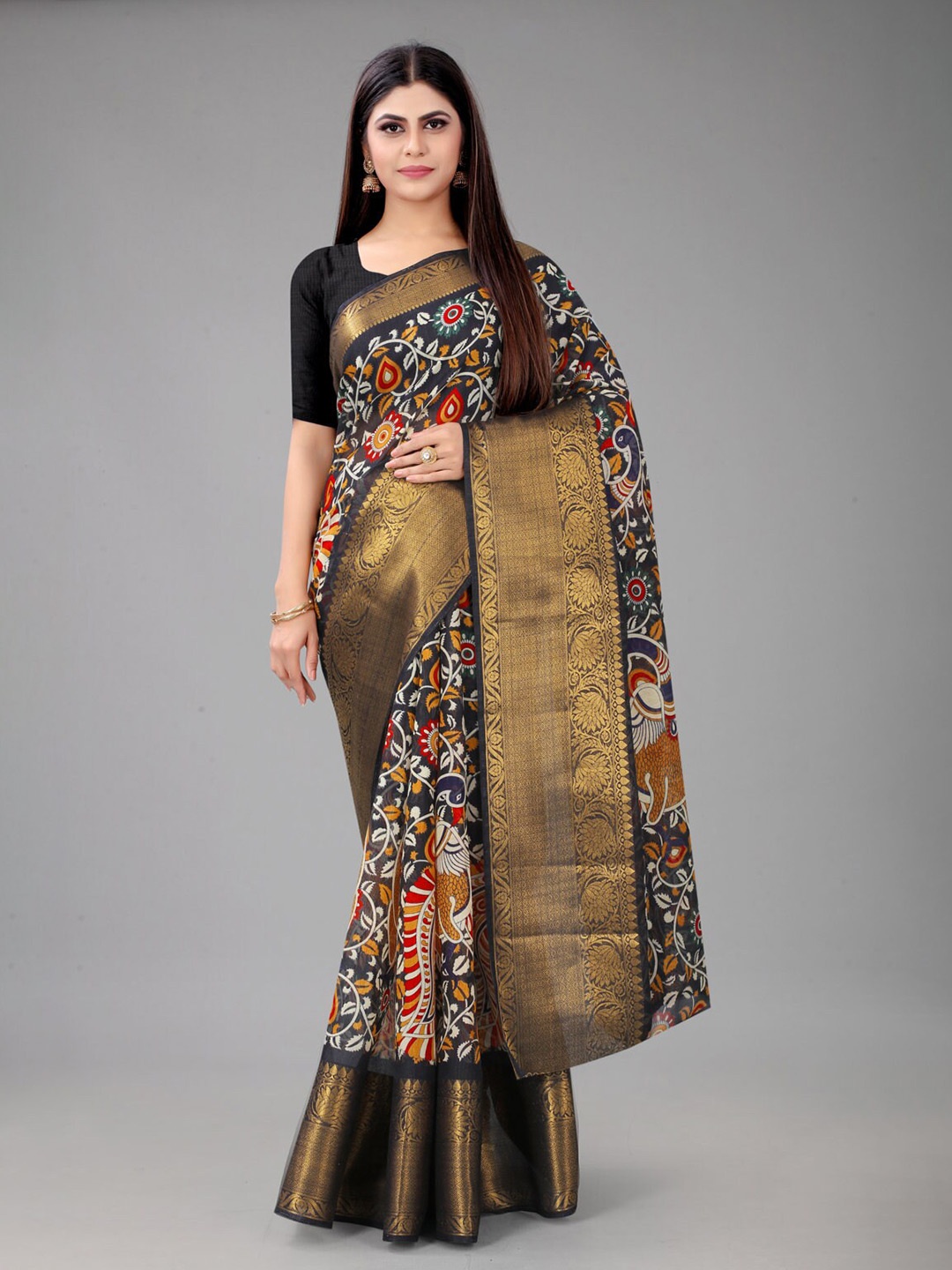 

nirja Fab Ethnic Motifs Printed Zari Silk Blend Chanderi Saree, Black