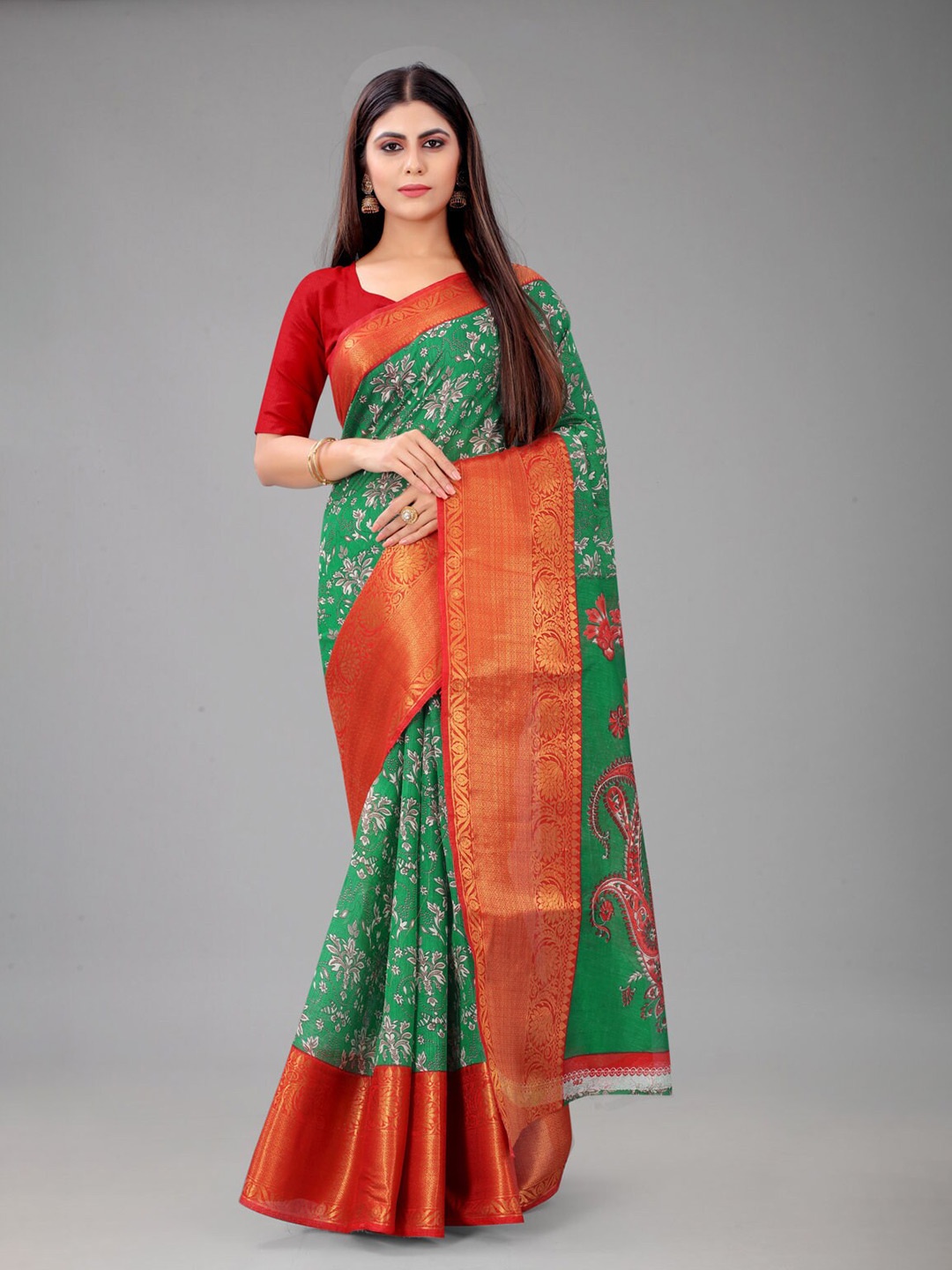 

nirja Fab Floral Printed Zari Silk Blend Chanderi Saree, Green