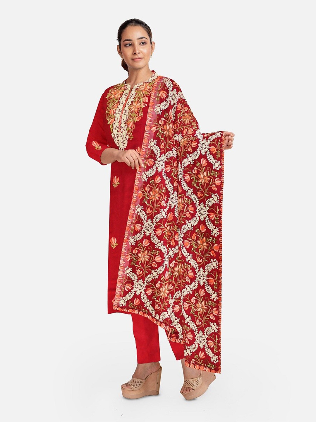 

CASMIR Embroidered Viscose Rayon Unstitched Dress Material, Maroon