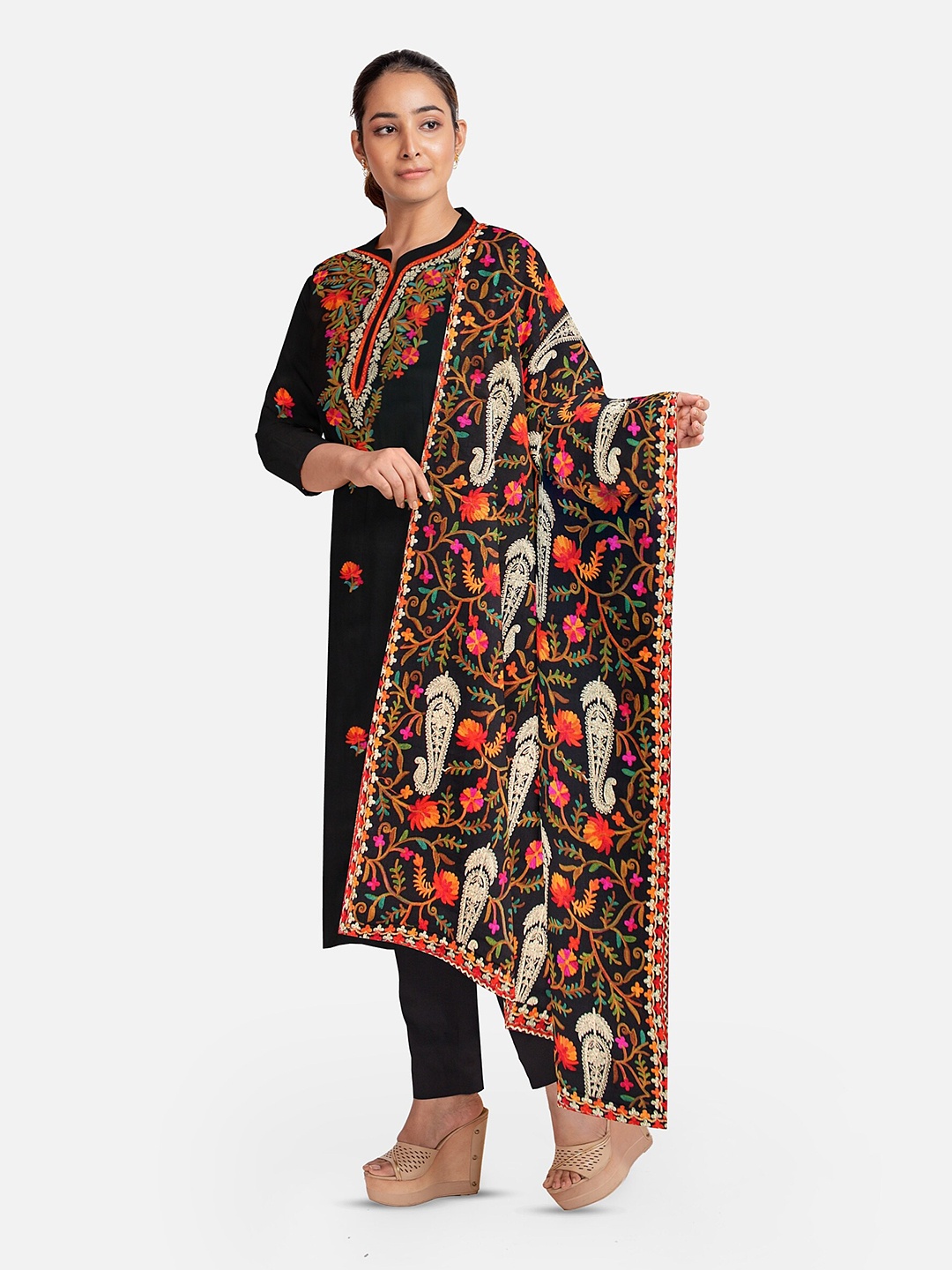 

CASMIR Floral Embroidered Viscose Rayon Unstitched Dress Material, Black