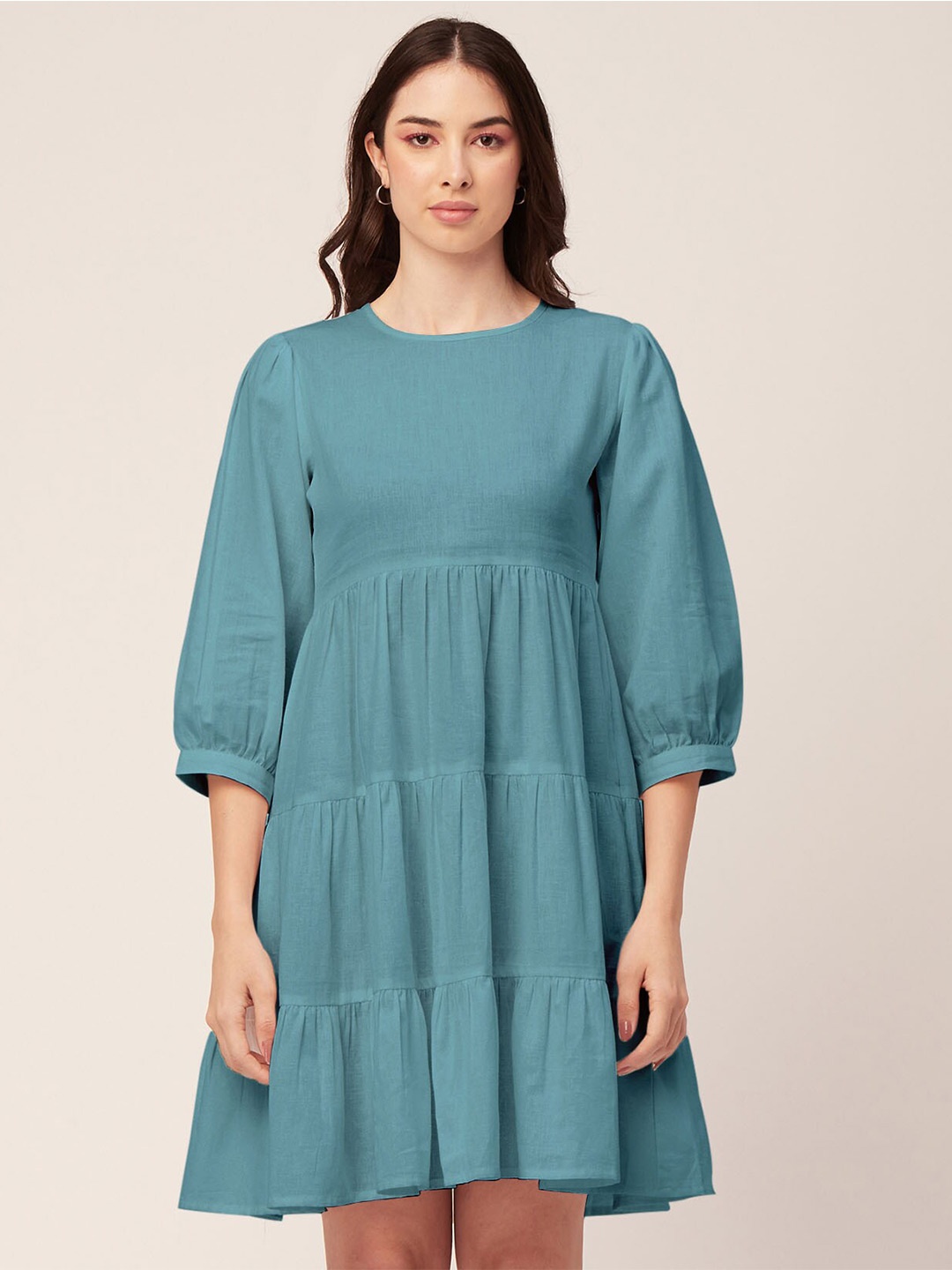 

Moomaya Puff Sleeve Tiered Cotton Fit and Flare Dress, Blue