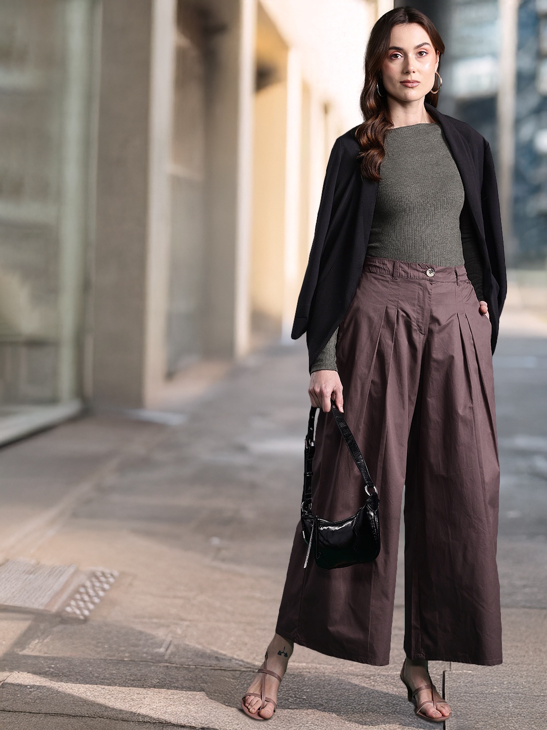 

DressBerry Bizwear Women Flared Pleated Pure Cotton Culottes Trousers, Brown