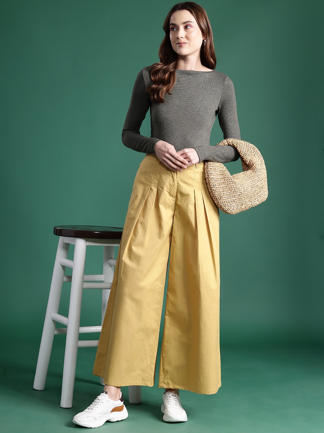 

DressBerry Bizwear Women Flared Pleated Pure Cotton Trousers, Mustard