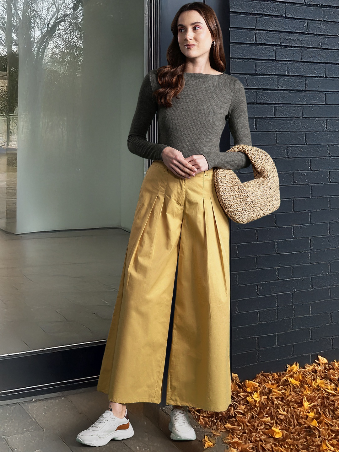 

DressBerry Bizwear Women Flared Pleated Pure Cotton Trousers, Mustard