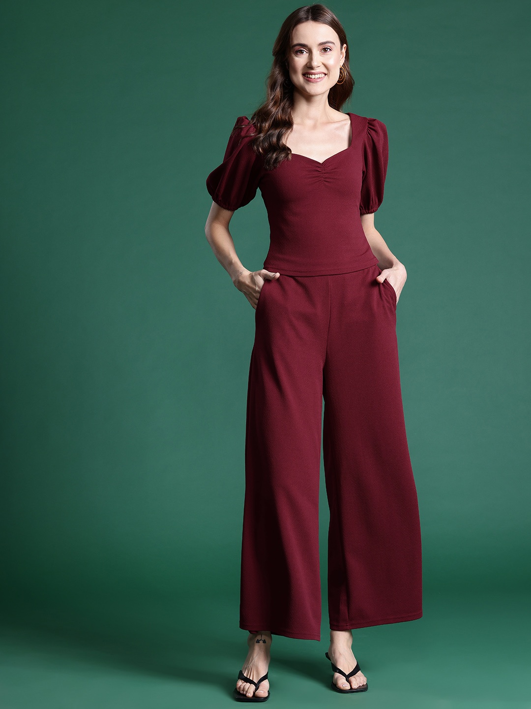 

DressBerry Bizwear Solid Knitted Co-Ords, Maroon