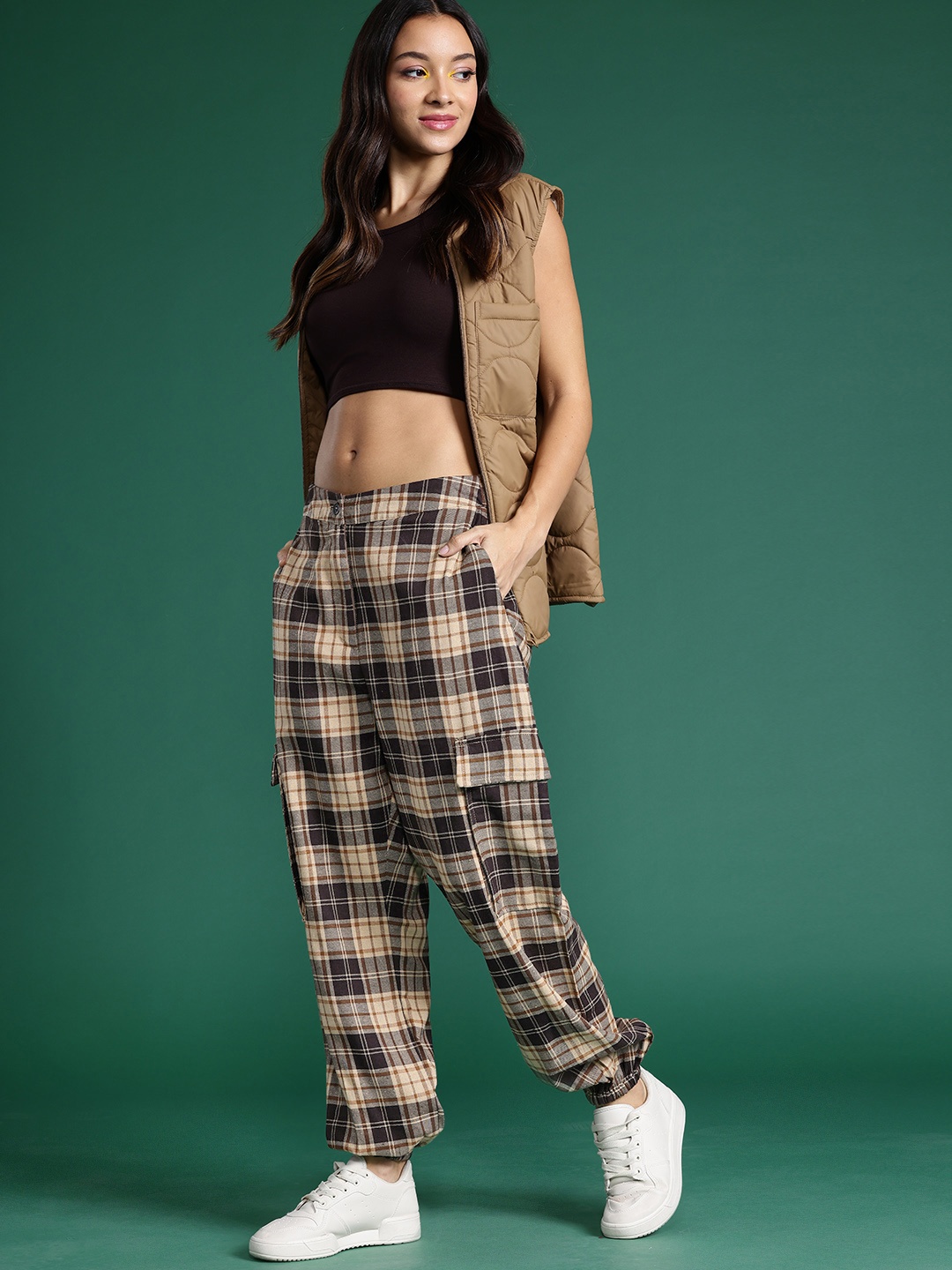 

DressBerry Women Cotton Checked Cargo Joggers, Beige