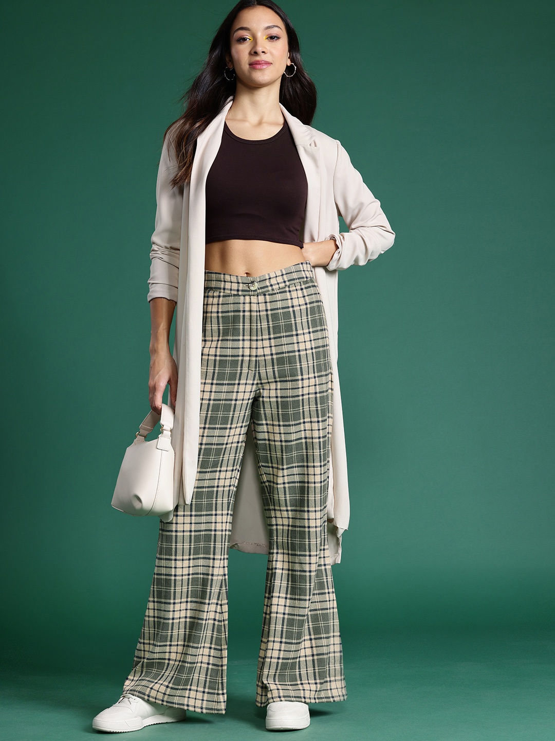 

DressBerry Women Cotton Checked Flared Trousers, Olive