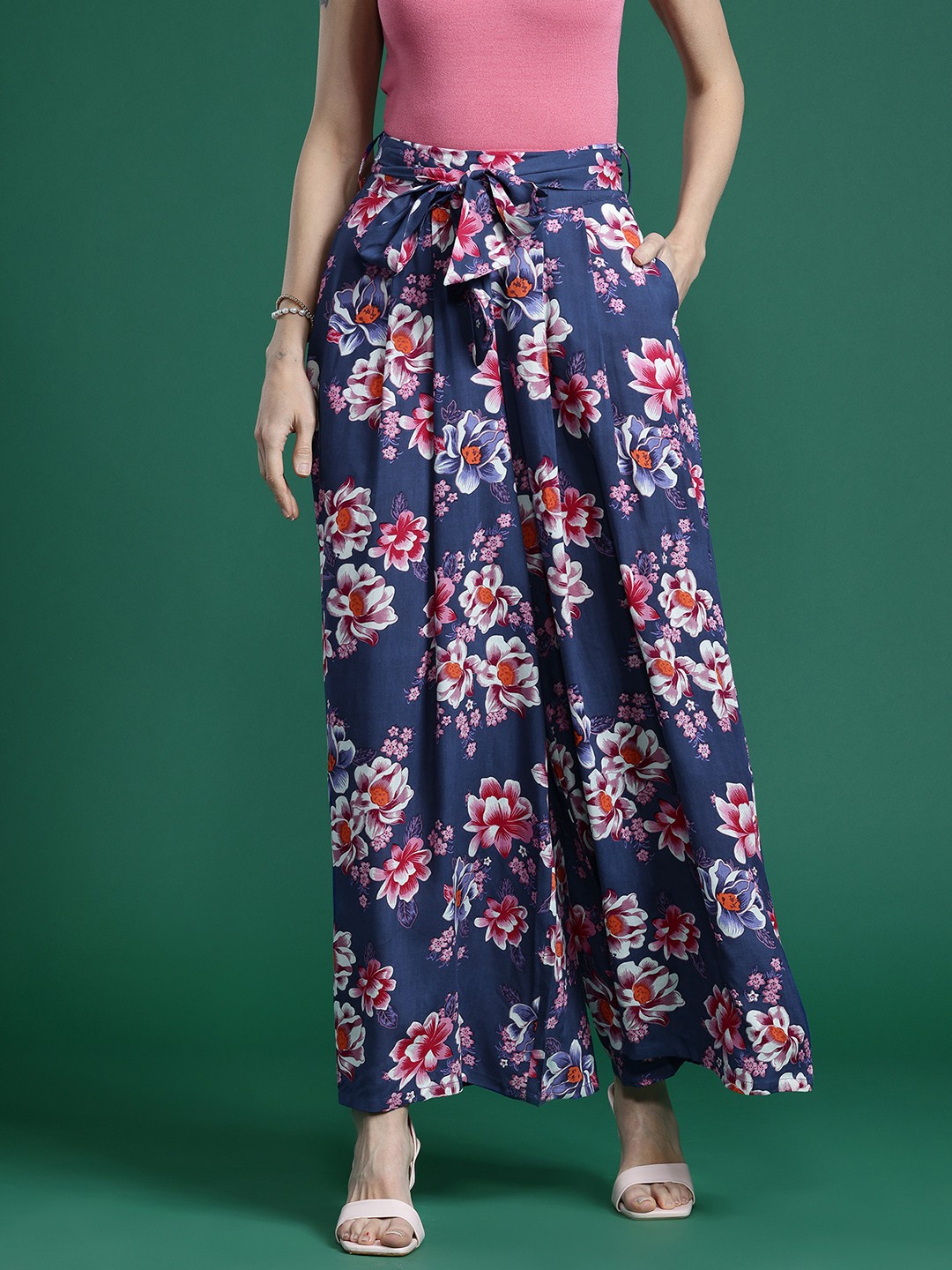 

DressBerry Women Floral Print Flared Palazzos with Belt, Blue