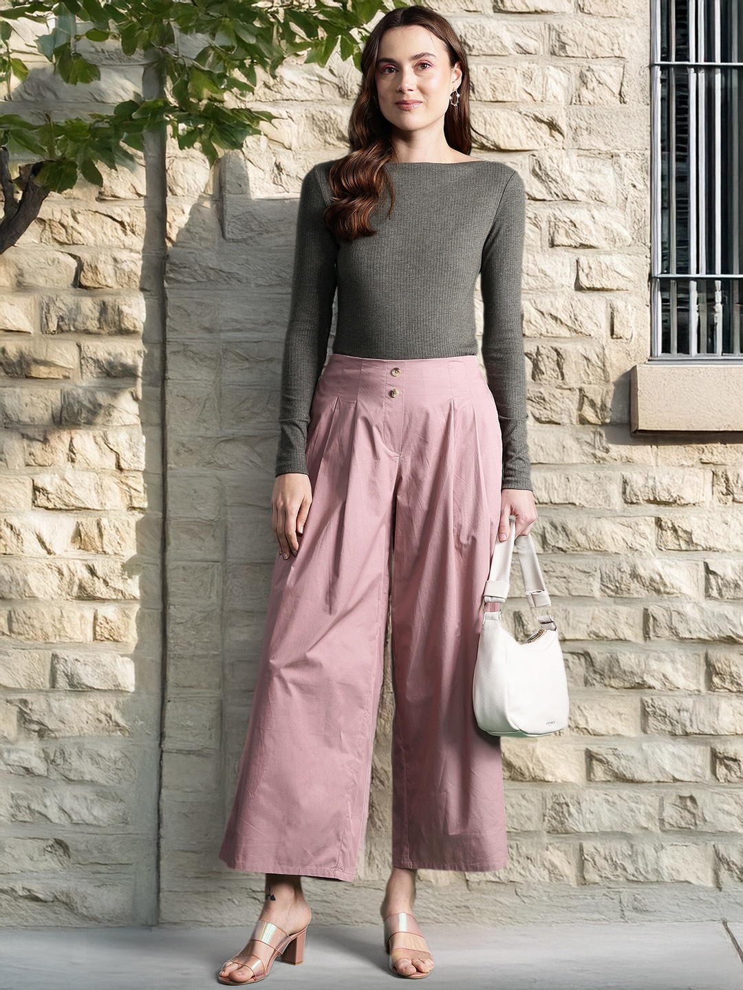 

DressBerry Bizwear Women Flared Pleated Pure Cotton Trousers, Mauve