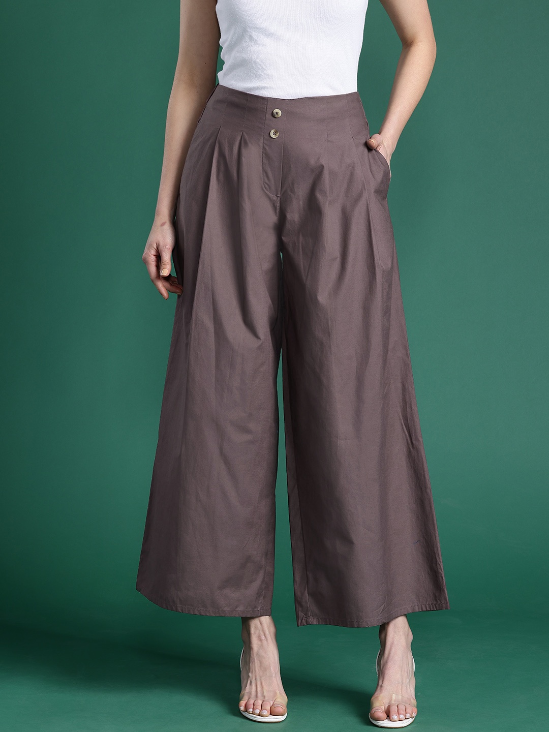 

DressBerry Bizwear Women Cotton Flared Pleated Trousers, Burgundy