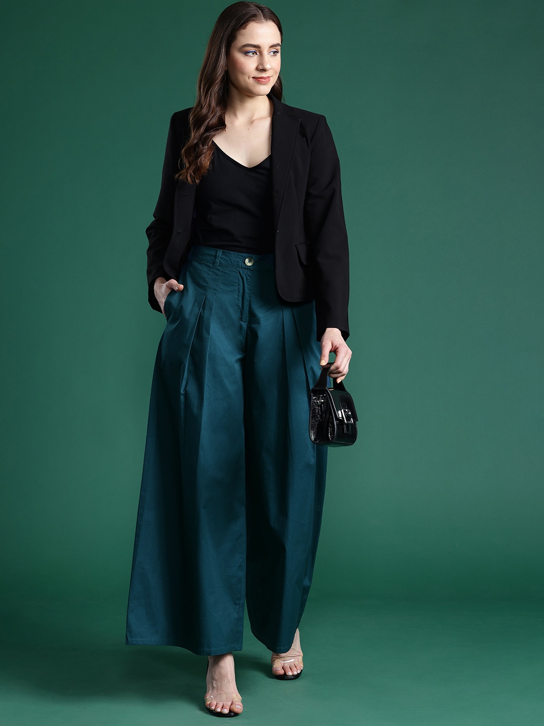 

DressBerry Bizwear Women Cotton Flared Pleated Trousers, Green