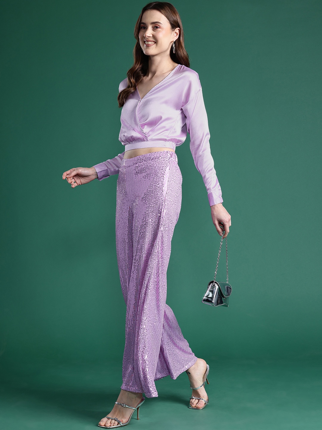 

DressBerry Glam Surplice Neck Drop-Shoulder Sleeves Top with Sequinned Palazzos, Lavender