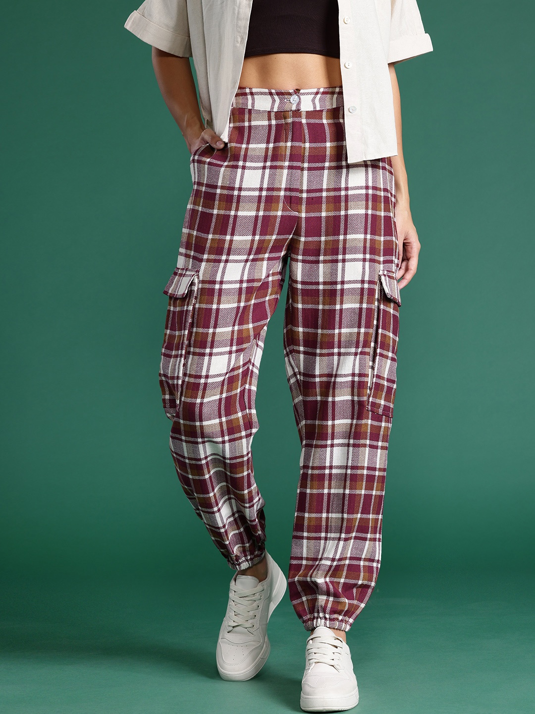 

DressBerry Women Cotton Checked Cargo Joggers, Maroon