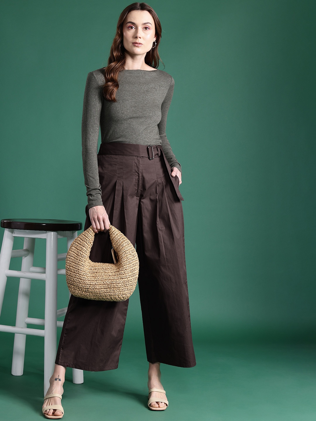 

DressBerry Bizwear Women Pure Cotton Flared High-Rise Pleated Belted Trousers, Brown