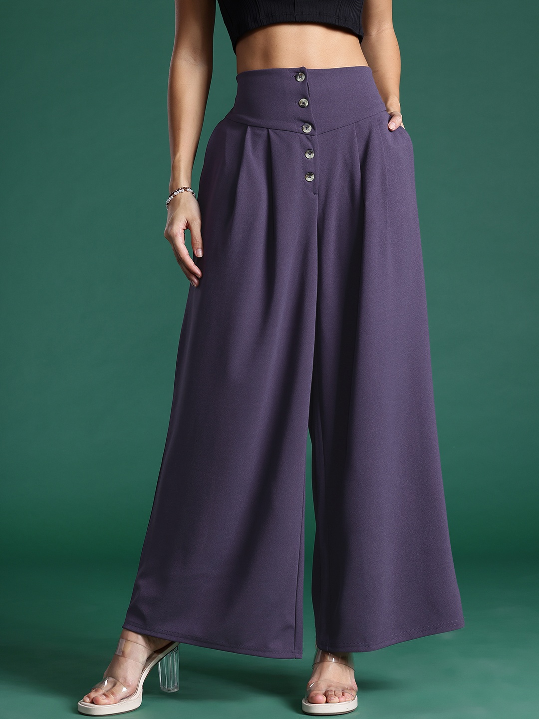 

DressBerry Women Pleated Flared Palazzos, Purple