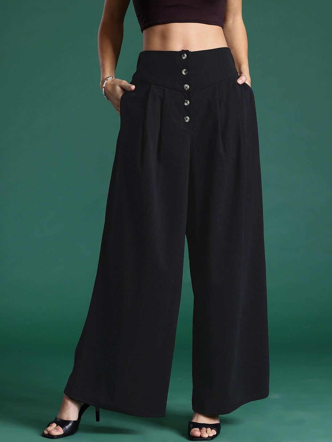 

DressBerry Women Pleated Flared Palazzos, Black