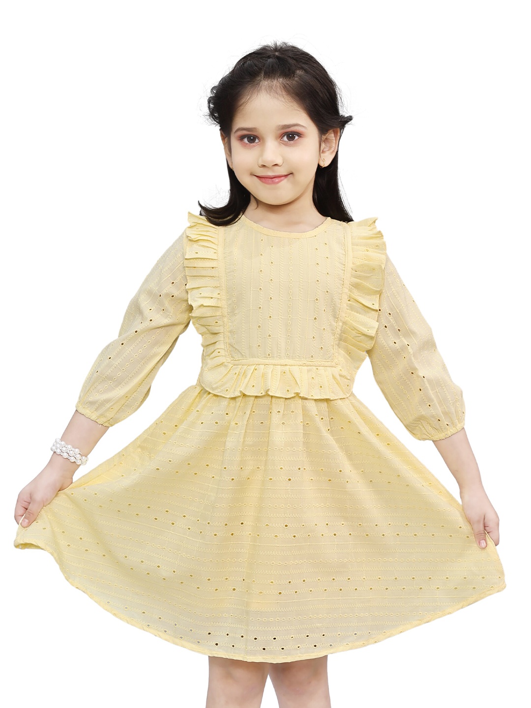

Toonyport Girls Self Design Ruffled Cotton Fit & Flare Dress, Yellow