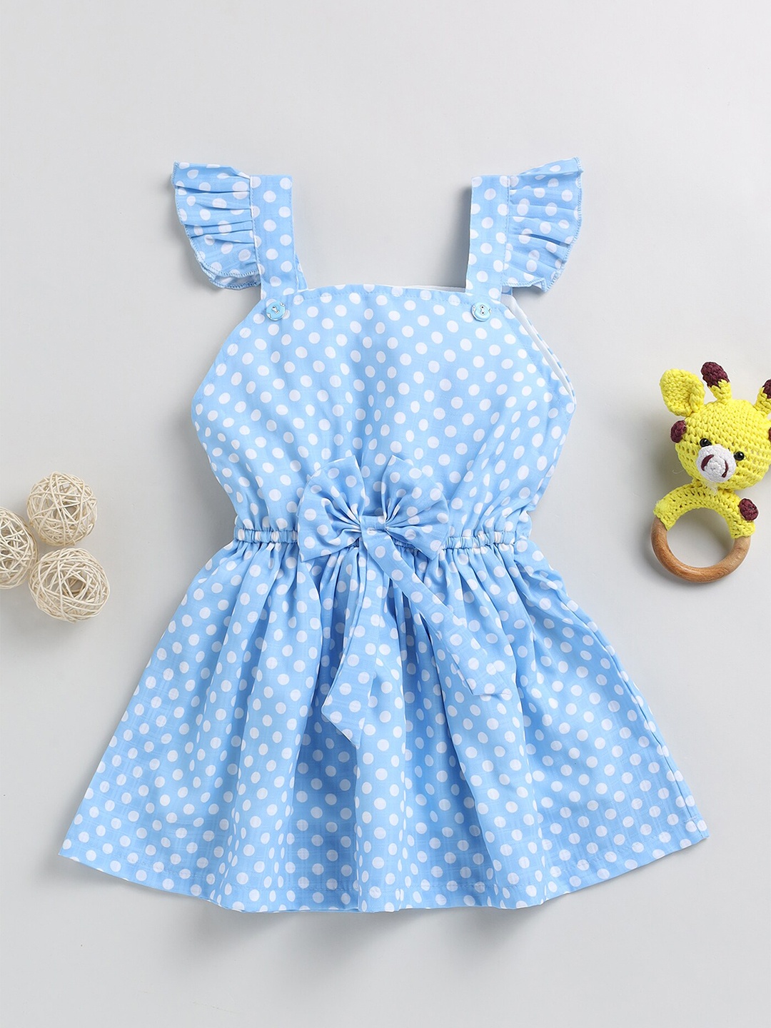 

Toonyport Girls Polka Dots Printed Shoulder Straps Ruffled & Bow Cotton Fit & Flare Dress, Blue