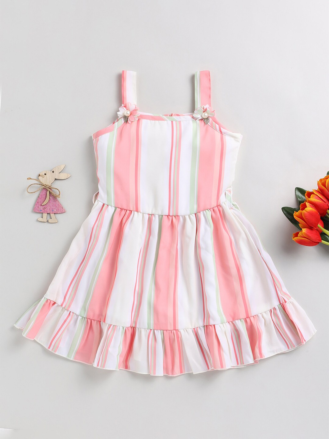 

Toonyport Girls Striped Gathered & Pleated Shoulder Strap Cotton Fit & Flare Dress, Pink