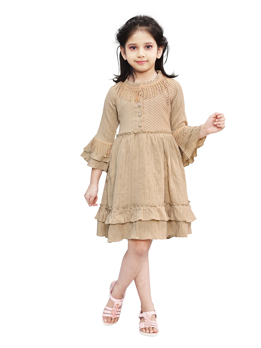 

Toonyport Girls Embellished Layered Gathered & Pleated Cotton Fit and Flare Dress, Beige